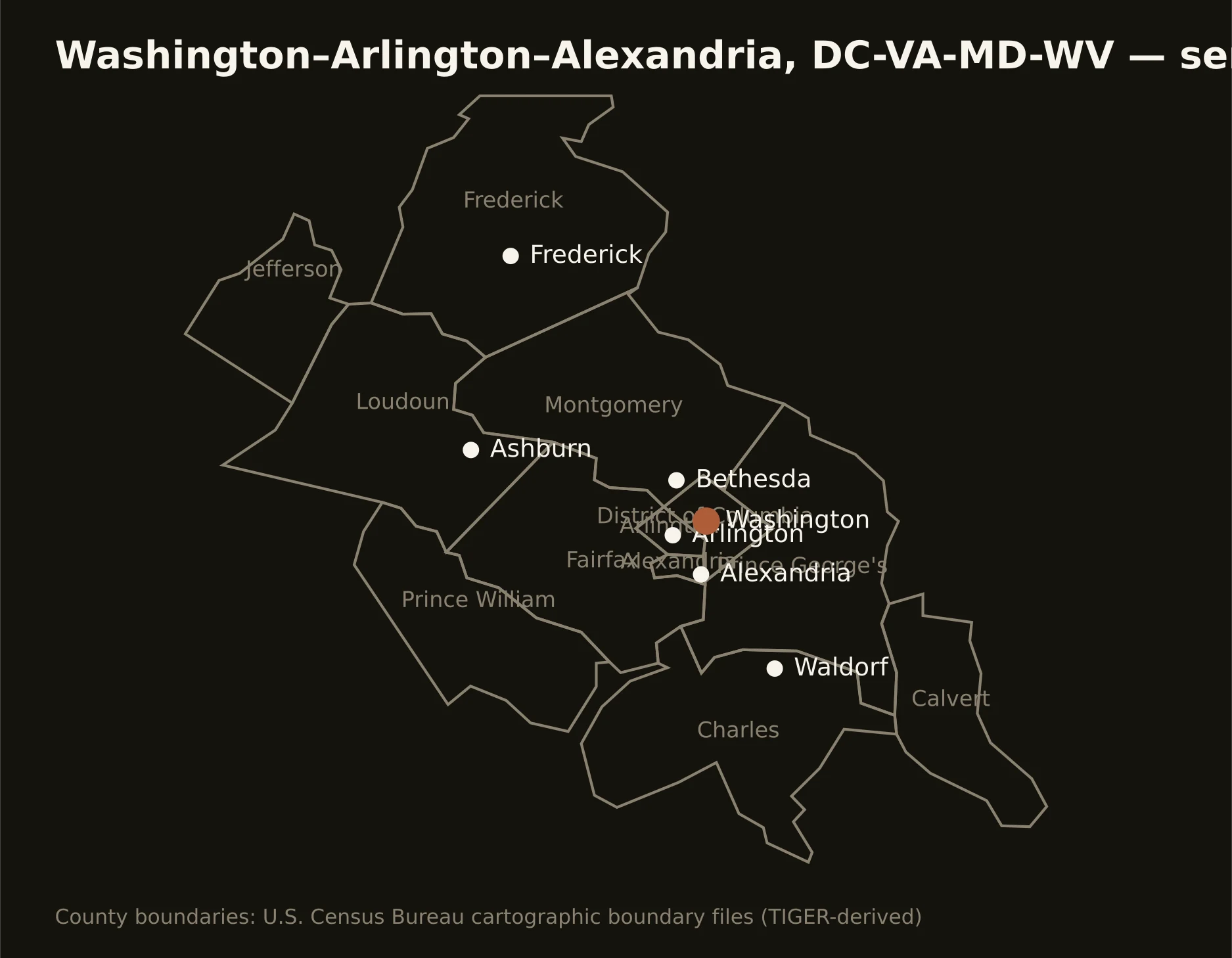 Washington–Arlington–Alexandria, DC-VA-MD-WV directional drilling service area map — component counties and cities served